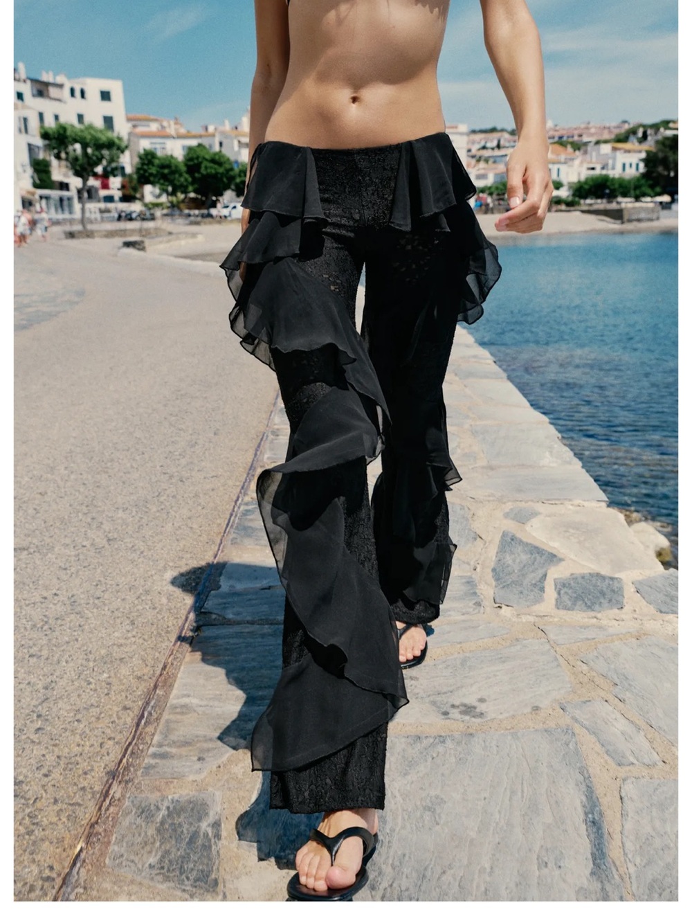 Zara Black Ruffle Wide-Leg Pants